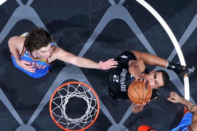 ORLANDO, FL - JANUARY 4: Caleb Houstan #2 of the Orlando Magic goes to the basket against the Oklahoma City Thunder on January 4, 2023 at Amway Center in Orlando, Florida. NOTE TO USER: User expressly acknowledges and agrees that, by downloading and or using this photograph, User is consenting to the terms and conditions of the Getty Images License Agreement. Mandatory Copyright Notice: Copyright 2023 NBAE (Photo by Fernando Medina/NBAE via Getty Images)