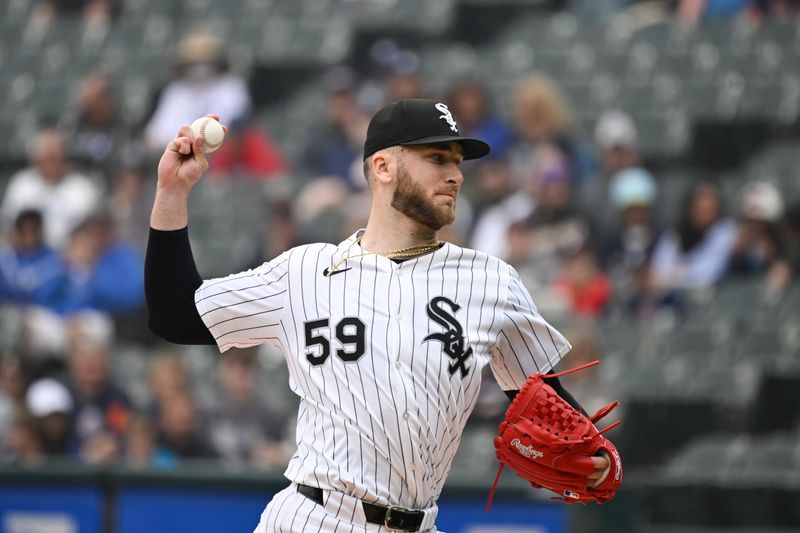 Jun 5, 2025; Chicago, Illinois, USA;  Chicago White Sox pitcher Sean Burke (59) delivers during the first inning against the Detroit Tigers at Rate Field. Mandatory Credit: Matt Marton-Imagn Images