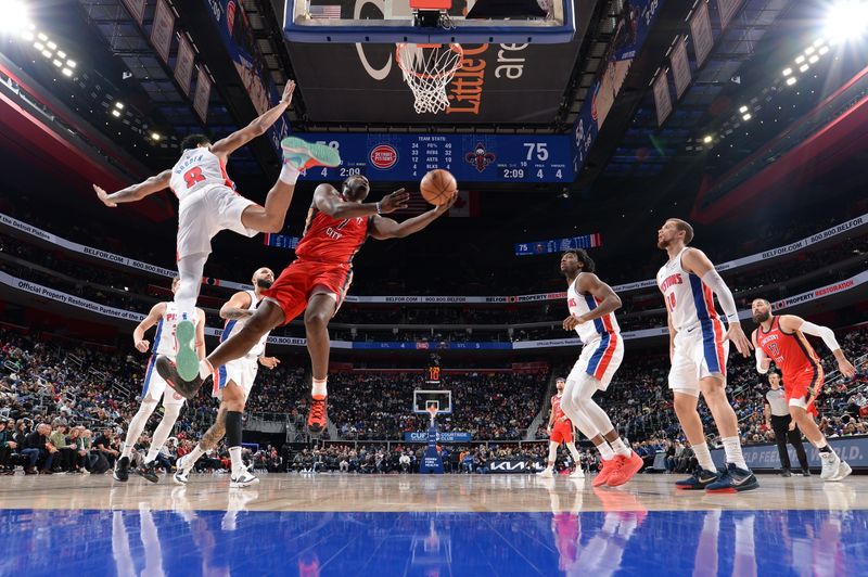 DETROIT, MI - MARCH 24: Zion Williamson #1 of the New Orleans Pelicans shoots the ball during the game against the Detroit Pistons on March 24, 2024 at Little Caesars Arena in Detroit, Michigan. NOTE TO USER: User expressly acknowledges and agrees that, by downloading and/or using this photograph, User is consenting to the terms and conditions of the Getty Images License Agreement. Mandatory Copyright Notice: Copyright 2024 NBAE (Photo by Chris Schwegler/NBAE via Getty Images)