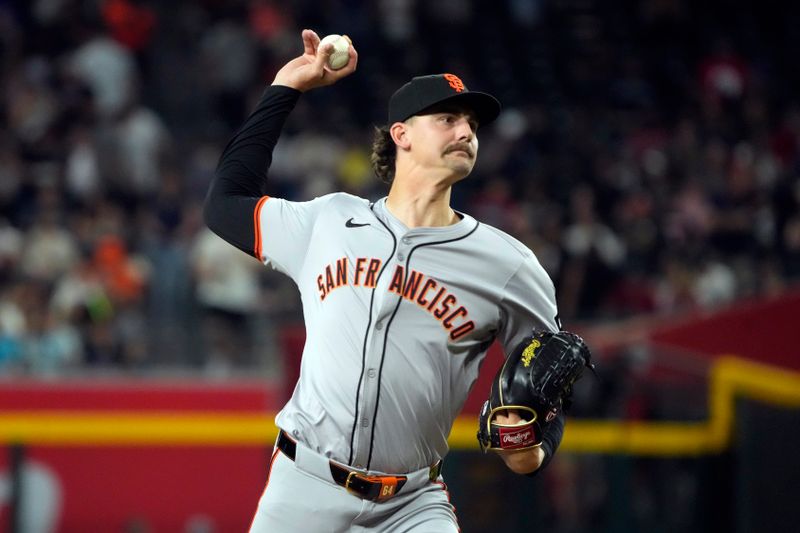 Jun 3, 2024; Phoenix, Arizona, USA; San Francisco Giants pitcher Sean Hjelle (64) throws against the Arizona Diamondbacks in the seventh inning at Chase Field. Mandatory Credit: Rick Scuteri-USA TODAY Sports