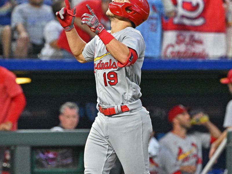 Aug 12, 2023; Kansas City, Missouri, USA;  St. Louis Cardinals shortstop Tommy Edman (19) reacts after hitting a solo home run in the eighth inning against the Kansas City Royals at Kauffman Stadium. Mandatory Credit: Peter Aiken-USA TODAY Sports