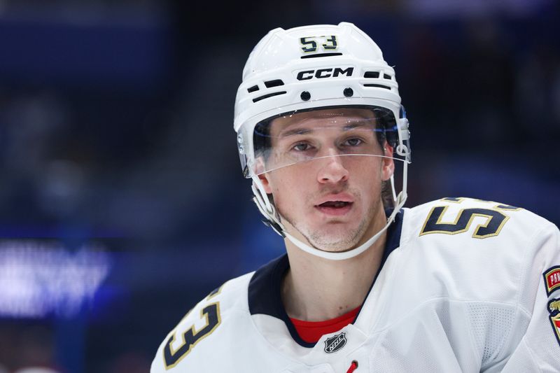 Dec 15, 2025; Tampa, Florida, USA; FFlorida Panthers center Jack Studnicka (53) warms up before a game against the before a game against the Tampa Bay Lightning at Benchmark International Arena. Mandatory Credit: Nathan Ray Seebeck-Imagn Images