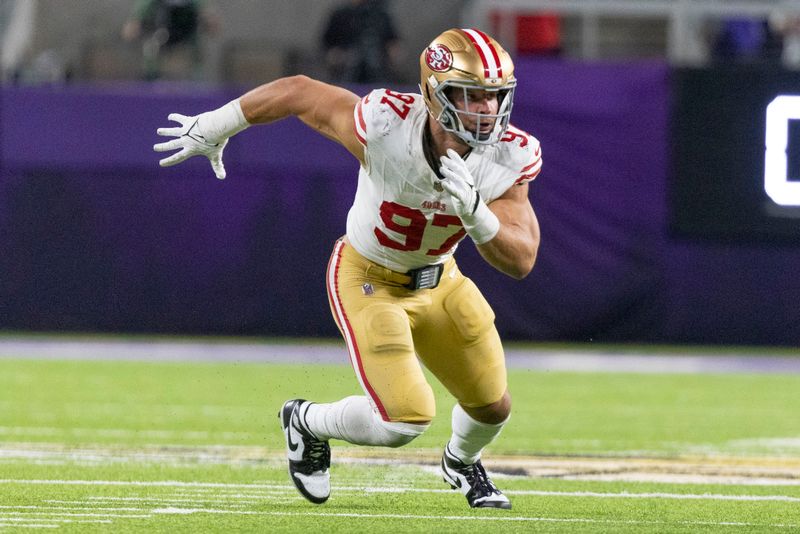 San Francisco 49ers defensive end Nick Bosa plays during an NFL football game against the Minnesota Vikings, Monday, Oct. 23, 2023, in Minneapolis. (AP Photo/Andy Clayton-King)