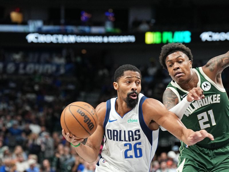 DALLAS, TX - OCTOBER 17: Spencer Dinwiddie #26 of the Dallas Mavericks dribbles the ball during the game against the Milwaukee Bucks during a NBA preseason game on October 17, 2024 at American Airlines Center in Dallas, Texas. NOTE TO USER: User expressly acknowledges and agrees that, by downloading and or using this photograph, User is consenting to the terms and conditions of the Getty Images License Agreement. Mandatory Copyright Notice: Copyright 2024 NBAE (Photo by Glenn James/NBAE via Getty Images)