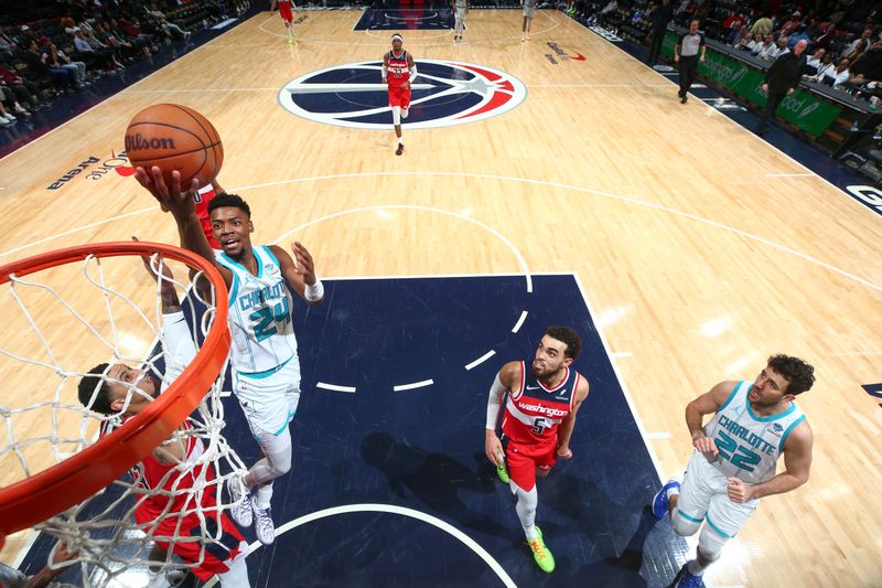 WASHINGTON, DC -? MARCH 8:  Brandon Miller #24 of the Charlotte Hornets goes to the basket during the game on March 8, 2024 at Capital One Arena in Washington, DC. NOTE TO USER: User expressly acknowledges and agrees that, by downloading and or using this Photograph, user is consenting to the terms and conditions of the Getty Images License Agreement. Mandatory Copyright Notice: Copyright 2024 NBAE (Photo by Stephen Gosling/NBAE via Getty Images)