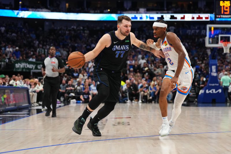 DALLAS, TX - MAY 18: Luka Doncic #77 of the Dallas Mavericks handles the ball during the game against the Oklahoma City Thunder during Round 2 Game 6 of the 2024 NBA Playoffs on May 18, 2024 at the American Airlines Center in Dallas, Texas. NOTE TO USER: User expressly acknowledges and agrees that, by downloading and or using this photograph, User is consenting to the terms and conditions of the Getty Images License Agreement. Mandatory Copyright Notice: Copyright 2024 NBAE (Photo by Cooper Neill/NBAE via Getty Images)