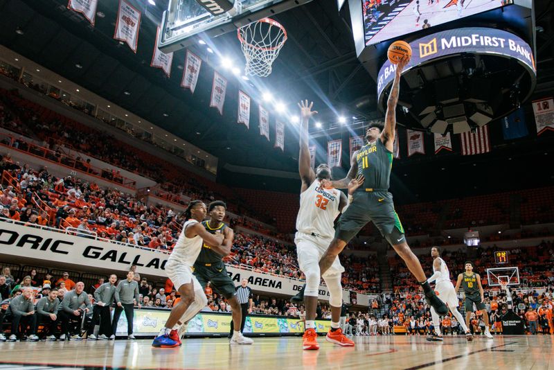 Jan 6, 2024; Stillwater, Oklahoma, USA; Baylor Bears forward Jalen Bridges (11) puts up a shot over Oklahoma State Cowboys center Mike Marsh (32) during the second half at Gallagher-Iba Arena. Mandatory Credit: William Purnell-USA TODAY Sports