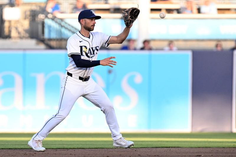 Apr 30, 2025; St. Petersburg, Florida, USA; Tampa Bay Rays second baseman Brandon Lowe (8) fields a ground ball in the second inning against the Kansas City Royals at George M. Steinbrenner Field. Mandatory Credit: Jonathan Dyer-Imagn Images