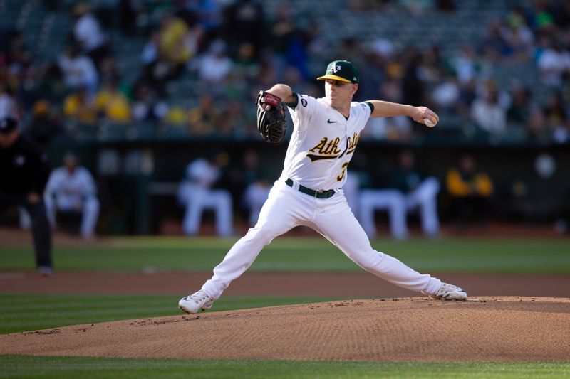 Jun 16, 2023; Oakland, California, USA; Oakland Athletics starting pitcher JP Sears (38) pitches against the Philadelphia Phillies during the first inning at Oakland-Alameda County Coliseum. Mandatory Credit: D. Ross Cameron-USA TODAY Sports