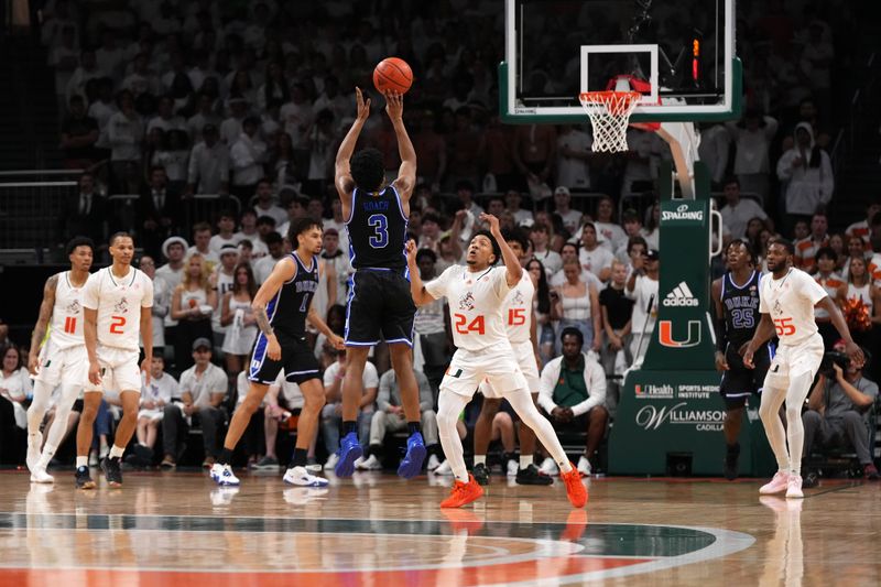 Feb 6, 2023; Coral Gables, Florida, USA; Duke Blue Devils guard Jeremy Roach (3) attempts a three point shot over Miami Hurricanes guard Nijel Pack (24) during the second half at Watsco Center. Mandatory Credit: Jasen Vinlove-USA TODAY Sports