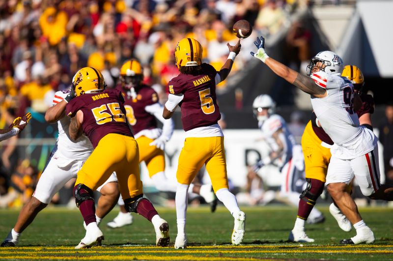 Nov 25, 2023; Tempe, Arizona, USA; Arizona State Sun Devils quarterback Jaden Rashada (5) against the Arizona Wildcats in the first half of the Territorial Cup at Mountain America Stadium. Mandatory Credit: Mark J. Rebilas-USA TODAY Sports