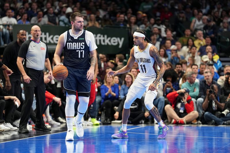 DALLAS, TX - November 19: Luka Doncic #77 of the Dallas Mavericks dribbles the ball during the NBA Cup game against the New Orleans Pelicans on November 19, 2024 at American Airlines Center in Dallas, Texas. NOTE TO USER: User expressly acknowledges and agrees that, by downloading and or using this photograph, User is consenting to the terms and conditions of the Getty Images License Agreement. Mandatory Copyright Notice: Copyright 2024 NBAE (Photo by Glenn James/NBAE via Getty Images)