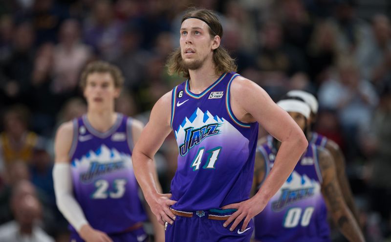 SALT LAKE CITY UT- NOVEMBER 23:  Kelly Olynyk #41 of the Utah Jazz reacts after being charged with a foul against  the Detroit Pistons during the second half of their game November 23, 2022  at the Vivint Arena in Salt Lake City, Utah. NOTE TO USER: User expressly acknowledges and agrees that, by downloading and using this photograph, User is consenting to the terms and conditions of the Getty Images License Agreement (Photo by Chris Gardner/ Getty Images)