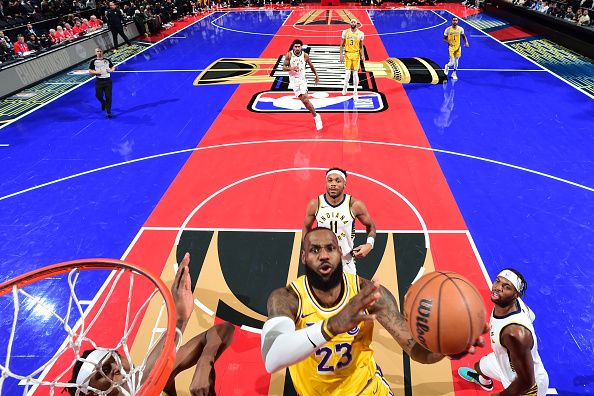 LAS VEGAS, NV - DECEMBER 9: LeBron James #23 of the Los Angeles Lakers drives to the basket during the game against the Indiana Pacers during the In-Season Tournament Championship game on December 9, 2023 at T-Mobile Arena in Las Vegas, Nevada. NOTE TO USER: User expressly acknowledges and agrees that, by downloading and or using this photograph, User is consenting to the terms and conditions of the Getty Images License Agreement. Mandatory Copyright Notice: Copyright 2023 NBAE (Photo by Andrew D. Bernstein/NBAE via Getty Images)