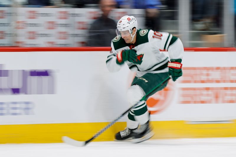 Apr 9, 2024; Denver, Colorado, USA; Minnesota Wild center Vinni Lettieri (10) in the third period against the Colorado Avalanche at Ball Arena. Mandatory Credit: Isaiah J. Downing-USA TODAY Sports