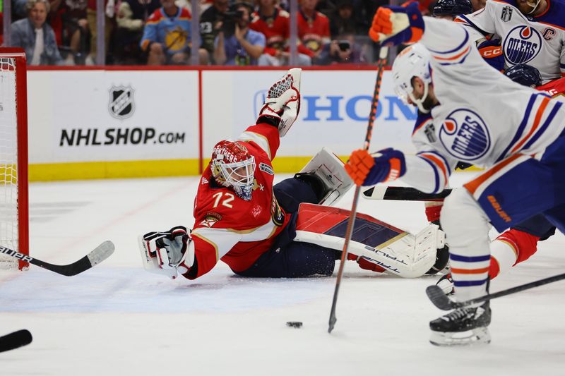 Jun 24, 2024; Sunrise, Florida, USA; Florida Panthers goaltender Sergei Bobrovsky (72) defend against Edmonton Oilers during the third period in game seven of the 2024 Stanley Cup Final at Amerant Bank Arena. Mandatory Credit: Sam Navarro-USA TODAY Sports