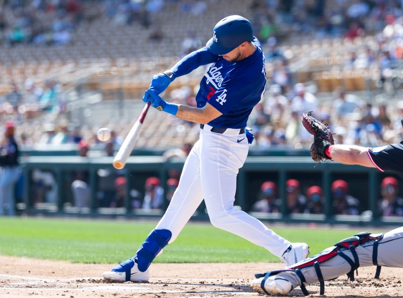 Feb 24, 2026; Phoenix, Arizona, USA; Los Angeles Dodgers outfielder Kyle Tucker against the Cleveland Guardians during a spring training game at Camelback Ranch-Glendale. Mandatory Credit: Mark J. Rebilas-Imagn Images