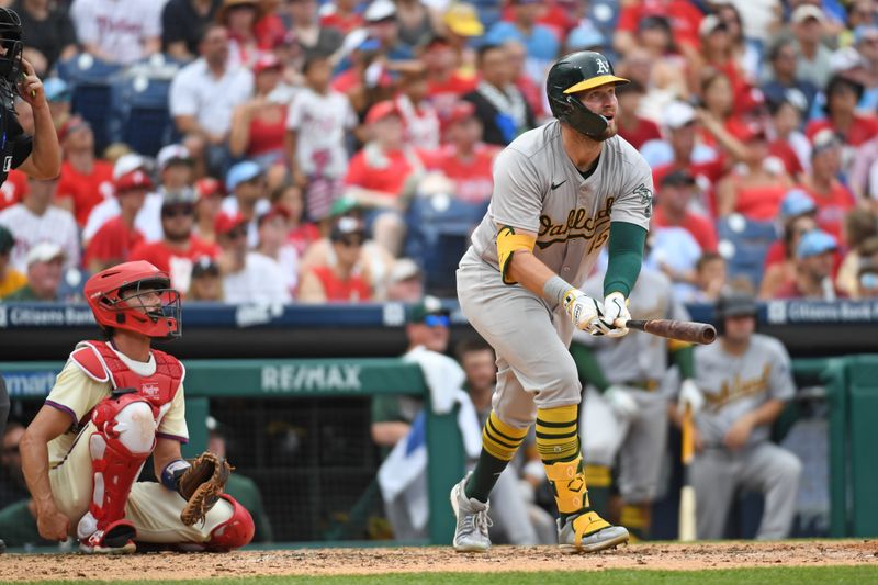Jul 14, 2024; Philadelphia, Pennsylvania, USA; Oakland Athletics outfielder Seth Brown (15) watch his home run against the Philadelphia Phillies during the sixth inning at Citizens Bank Park. Mandatory Credit: Eric Hartline-USA TODAY Sports