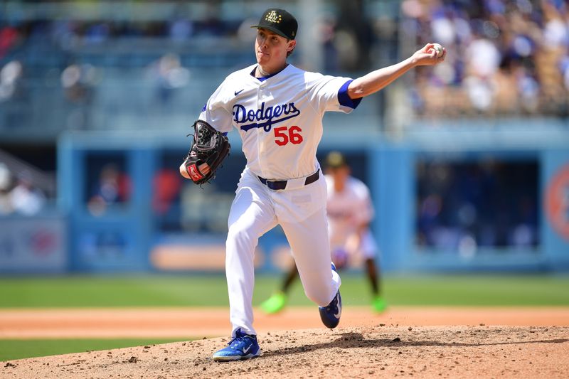 May 19, 2024; Los Angeles, California, USA; Los Angeles Dodgers pitcher Ryan Yarbrough (56) throws against the Cincinnati Reds during the sixth inning at Dodger Stadium. Mandatory Credit: Gary A. Vasquez-USA TODAY Sports