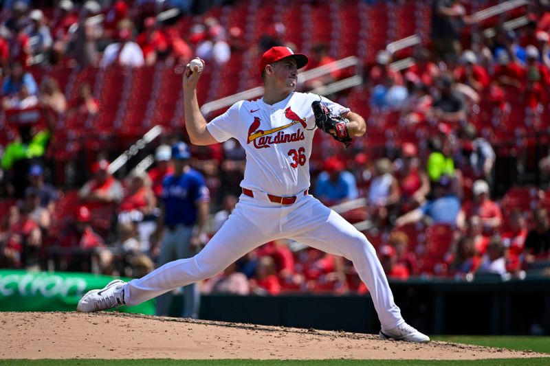 Jul 31, 2024; St. Louis, Missouri, USA;  St. Louis Cardinals starting pitcher Michael McGreevy (36) pitches against the Texas Rangers during the fourth inning at Busch Stadium. Mandatory Credit: Jeff Curry-USA TODAY Sports