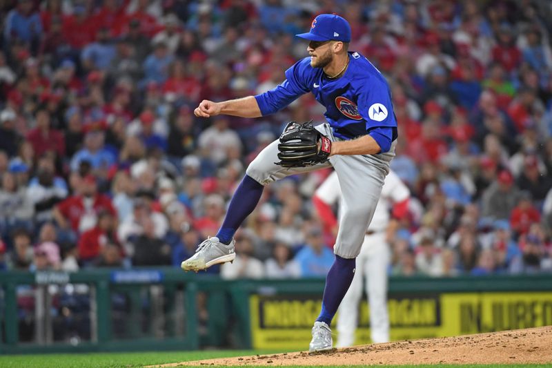 Sep 23, 2024; Philadelphia, Pennsylvania, USA; Chicago Cubs starting pitcher Caleb Kilian (45) throws a pitch during the second inning against the Philadelphia Phillies  at Citizens Bank Park. Mandatory Credit: Eric Hartline-Imagn Images