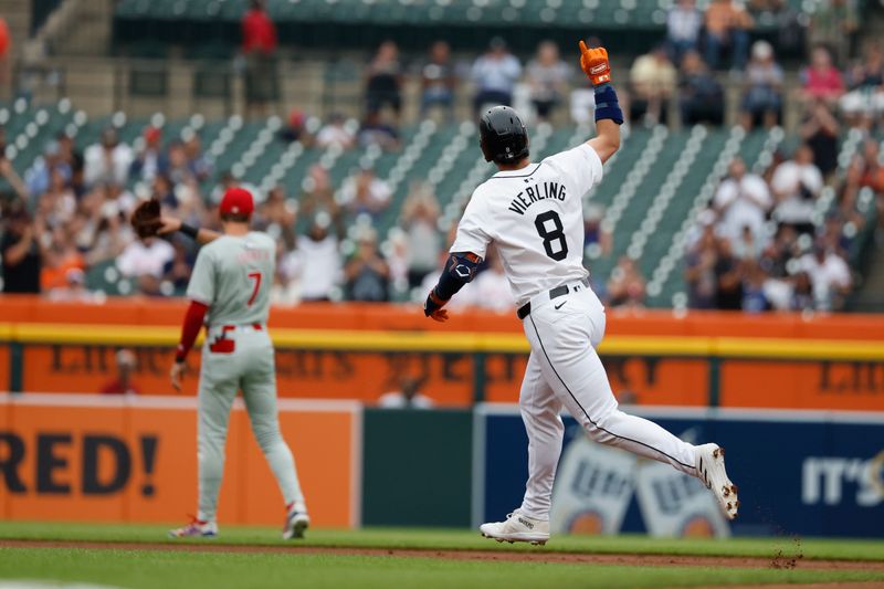 Jun 26, 2024; Detroit, Michigan, USA;  Detroit Tigers third baseman Matt Vierling (8) celebrates after hitting a home run against the Philadelphia Phillies in the first half at Comerica Park. Mandatory Credit: Rick Osentoski-USA TODAY Sports