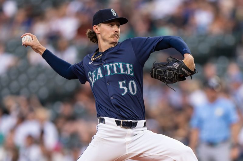 Aug 26, 2024; Seattle, Washington, USA; Seattle Mariners starter Bryce Miller (50) delivers a pitch during the first inning against the Tampa Bay Rays at T-Mobile Park. Mandatory Credit: Stephen Brashear-USA TODAY Sports