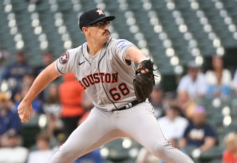 May 23, 2023; Milwaukee, Wisconsin, USA; Houston Astros starting pitcher J.P. France (68) delivers a pitch against the Milwaukee Brewers in the first inning at American Family Field. Mandatory Credit: Michael McLoone-USA TODAY Sports