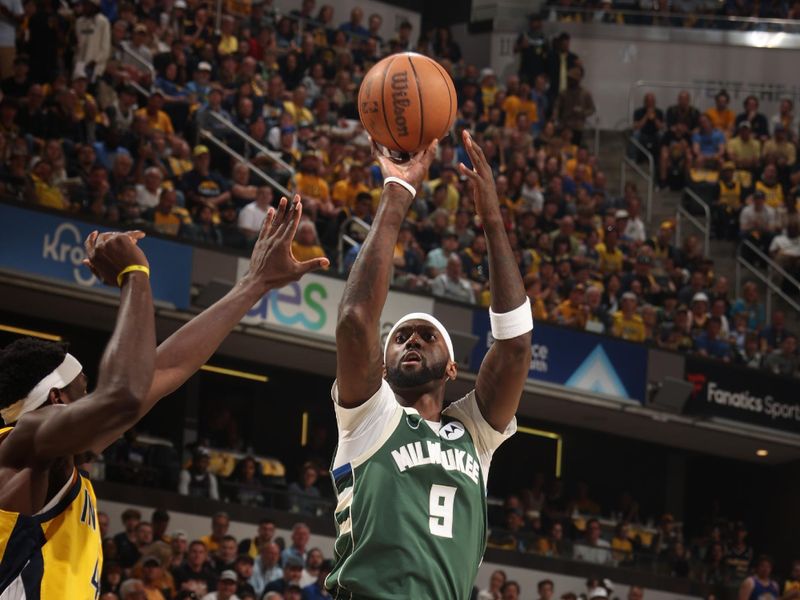 INDIANAPOLIS, IN - APRIL 28: Bobby Portis #9 of the Milwaukee Bucks shoots the ball during the game against the Indiana Pacers during Round 1 Game 4 of the 2024 NBA Playoffs on April 28, 2024 at Gainbridge Fieldhouse in Indianapolis, Indiana. NOTE TO USER: User expressly acknowledges and agrees that, by downloading and or using this Photograph, user is consenting to the terms and conditions of the Getty Images License Agreement. Mandatory Copyright Notice: Copyright 2024 NBAE (Photo by Nathaniel S. Butler/NBAE via Getty Images)