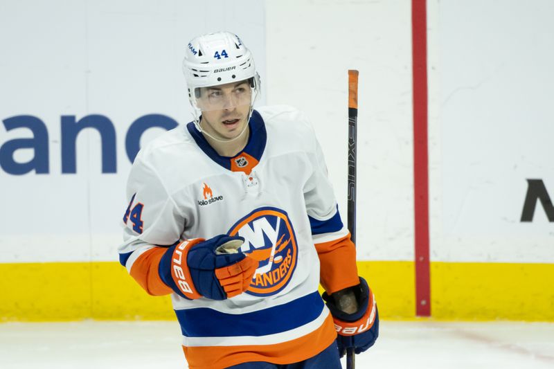 Dec 8, 2024; Ottawa, Ontario, CAN; New York Islanders center Jean-Gabriel Pageau (44) skates in the third period against the Ottawa Senators at the Canadian Tire Centre. Mandatory Credit: Marc DesRosiers-Imagn Images