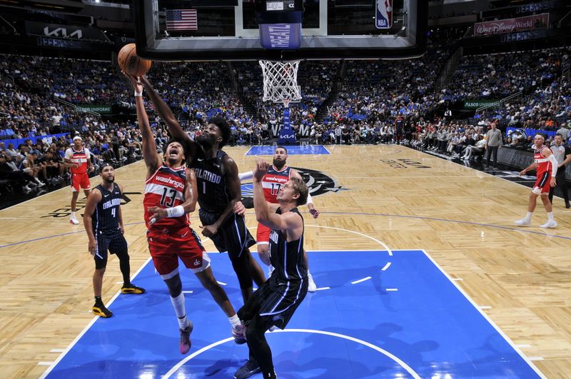 ORLANDO, FL - NOVMEBER 10: Jonathan Isaac #1 of the Orlando Magic blocks a shot during the game against the Washington Wizards on November 10, 2024 at Kia Center in Orlando, Florida. NOTE TO USER: User expressly acknowledges and agrees that, by downloading and or using this photograph, User is consenting to the terms and conditions of the Getty Images License Agreement. Mandatory Copyright Notice: Copyright 2024 NBAE (Photo by Fernando Medina/NBAE via Getty Images)