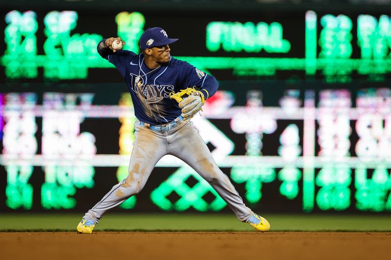 Apr 3, 2023; Washington, District of Columbia, USA; Tampa Bay Rays shortstop Wander Franco (5) fields against the Washington Nationals during the sixth inning at Nationals Park. Mandatory Credit: Scott Taetsch-USA TODAY Sports