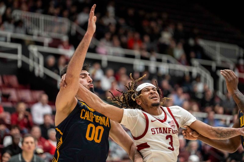 Mar 7, 2024; Stanford, California, USA; Stanford Cardinal guard Kanaan Carlyle (3) has the basketball stopped away while attempting to drive to the net by California Golden Bears forward Fardaws Aimaq (00) during the second half at Maples Pavillion. Mandatory Credit: Neville E. Guard-USA TODAY Sports