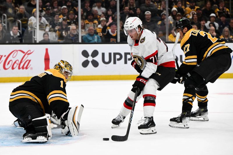 Nov 9, 2024; Boston, Massachusetts, USA; Ottawa Senators center Ridly Greig (71) takes a shot against Boston Bruins goaltender Jeremy Swayman (1) during the second period at TD Garden. Mandatory Credit: Brian Fluharty-Imagn Images