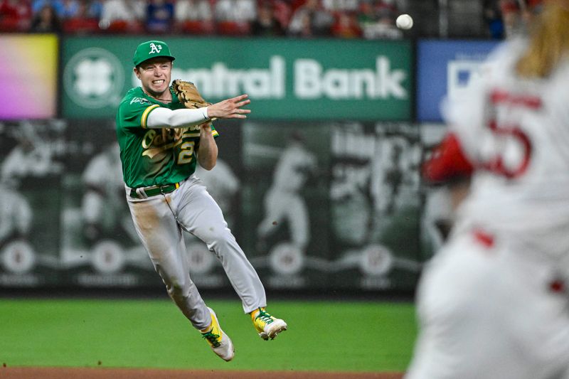 Aug 15, 2023; St. Louis, Missouri, USA;  Oakland Athletics shortstop Nick Allen (2) throws on the run against the St. Louis Cardinals during the seventh inning at Busch Stadium. Mandatory Credit: Jeff Curry-USA TODAY Sports