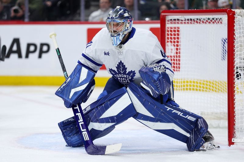 Mar 15, 2026; Saint Paul, Minnesota, USA; Toronto Maple Leafs goaltender Dennis Hildeby (41) defends his net against the Minnesota Wild during the second period at Grand Casino Arena. Mandatory Credit: Matt Krohn-Imagn Images