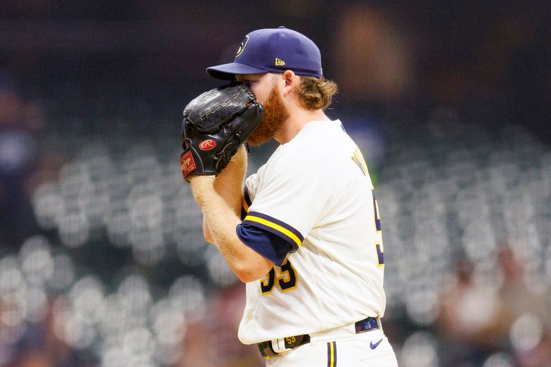 Sep 11, 2023; Milwaukee, Wisconsin, USA;  Milwaukee Brewers pitcher Brandon Woodruff (53) looks in to the catcher during the fourth inning against the Miami Marlins at American Family Field. Mandatory Credit: Jeff Hanisch-USA TODAY Sports