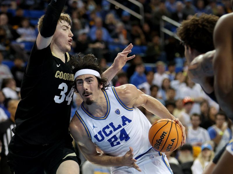 Jan 14, 2023; Los Angeles, California, USA; UCLA Bruins guard Jaime Jaquez Jr. (24) drives to the basket against Colorado Buffaloes center Lawson Lovering (34) during the second half at Pauley Pavilion presented by Wescom. Mandatory Credit: Kiyoshi Mio-USA TODAY Sports