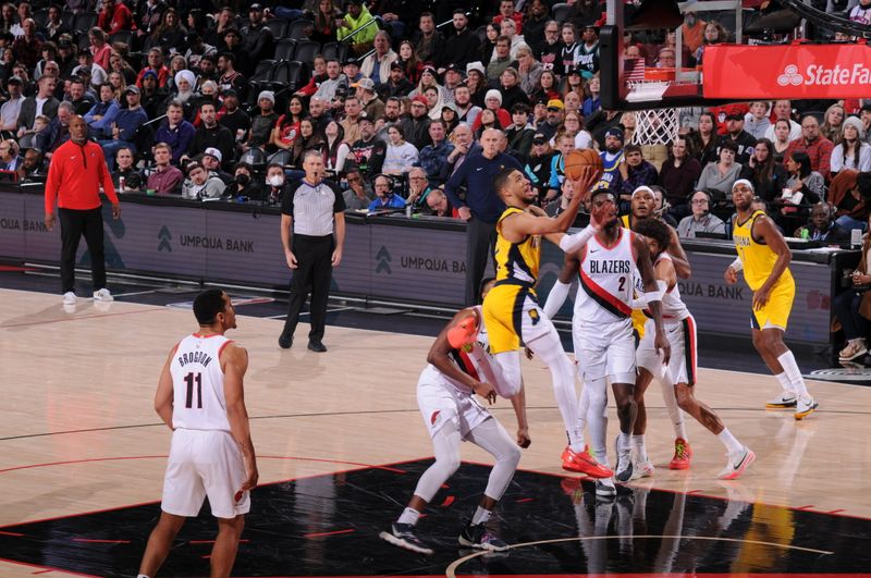 PORTLAND, OR - JANUARY 19: Tyrese Haliburton #0 of the Indiana Pacers drives to the basket during the game against the Portland Trail Blazers on January 19, 2024 at the Moda Center Arena in Portland, Oregon. NOTE TO USER: User expressly acknowledges and agrees that, by downloading and or using this photograph, user is consenting to the terms and conditions of the Getty Images License Agreement. Mandatory Copyright Notice: Copyright 2024 NBAE (Photo by Cameron Browne/NBAE via Getty Images)