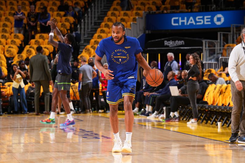 SAN FRANCISCO, CA - MAY 10:  Moses Moody #4 of the Golden State Warriors warms up before the game against the Minnesota Timberwolves during Round 2 Game 3 on May 10, 2025 at Chase Center in San Francisco, California. NOTE TO USER: User expressly acknowledges and agrees that, by downloading and or using this photograph, user is consenting to the terms and conditions of Getty Images License Agreement. Mandatory Copyright Notice: Copyright 2025 NBAE (Photo by Jesse D. Garrabrant/NBAE via Getty Images)