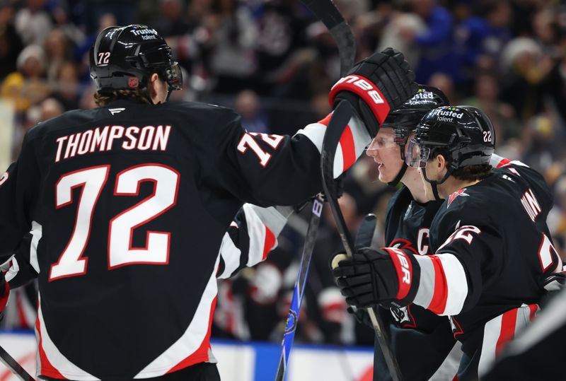 Mar 28, 2026; Buffalo, New York, USA; Buffalo Sabres defenseman Rasmus Dahlin (26) celebrates his goal with teammates during the second period against the Seattle Kraken at KeyBank Center. Mandatory Credit: Timothy T. Ludwig-Imagn Images Mar 28, 2026; Buffalo, New York, USA; Buffalo Sabres defenseman Rasmus Dahlin (26) celebrates his goal with teammates during the second period against the Seattle Kraken at KeyBank Center. Mandatory Credit: Timothy T. Ludwig-Imagn Images