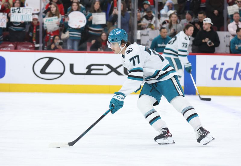 Feb 2, 2026; Chicago, Illinois, USA; San Jose Sharks center Michael Misa (77) warms up before a game against the Chicago Blackhawks at United Center. Mandatory Credit: Talia Sprague-Imagn Images
