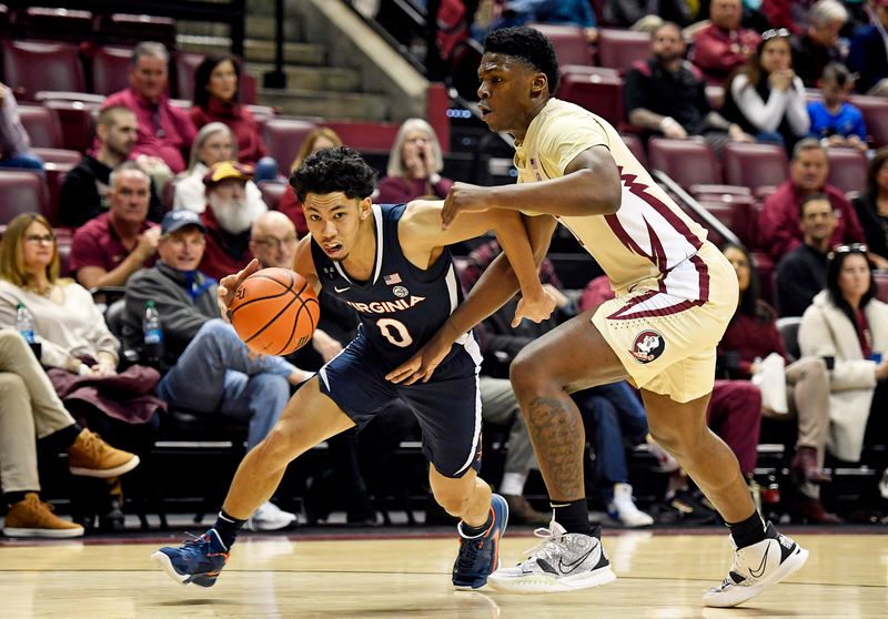 Jan 14, 2023; Tallahassee, Florida, USA; Virginia Cavaliers guard Kihei Clark (0) drives to the net past Florida State Seminoles guard Chandler Jackson (0) during the first half at Donald L. Tucker Center. Mandatory Credit: Melina Myers-USA TODAY Sports