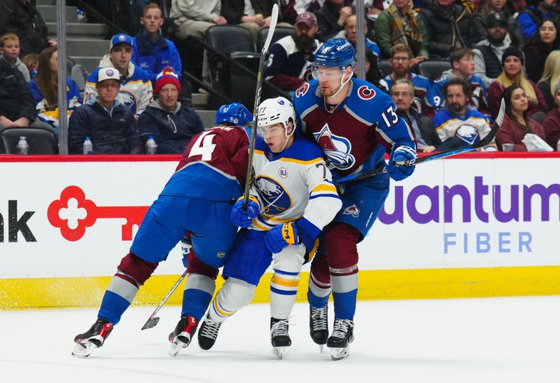 Dec 13, 2023; Denver, Colorado, USA; Colorado Avalanche defenseman Bowen Byram (4) and right wing Valeri Nichushkin (13) combine on a hit on Buffalo Sabres right wing JJ Peterka (77) in the third period at Ball Arena. Mandatory Credit: Ron Chenoy-USA TODAY Sports