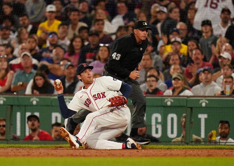 Aug 29, 2024; Boston, Massachusetts, USA; Boston Red Sox first baseman Triston Casas (36) makes the play to first base against the Toronto Blue Jays in the third inning at Fenway Park. Mandatory Credit: David Butler II-USA TODAY Sports