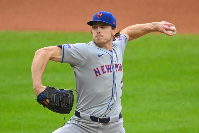 May 20, 2024; Cleveland, Ohio, USA; New York Mets relief pitcher Josh Walker (91) delivers a pitch in the seventh inning against the Cleveland Guardians at Progressive Field. Mandatory Credit: David Richard-USA TODAY Sports