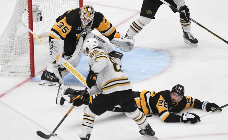 Apr 13, 2024; Pittsburgh, Pennsylvania, USA; Boston Bruins right wing David Pastmark (88) is pressured by Pittsburgh Penguins defenseman Marcus Pettersson (28) during the third period at PPG Paints Arena. Mandatory Credit: Philip G. Pavely-USA TODAY Sports