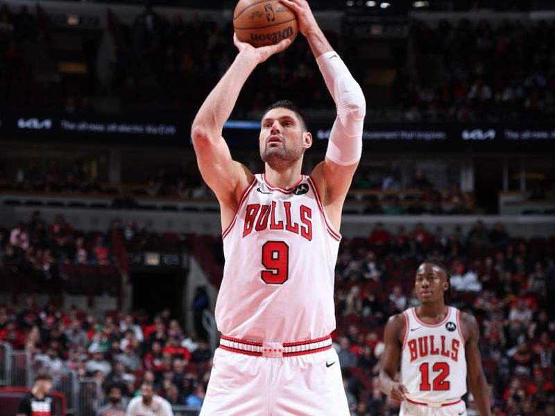 CHICAGO, IL - MARCH 16: Nikola Vucevic #9 of the Chicago Bulls shoots a free throw during the game against the Washington Wizards on March 16, 2024 at United Center in Chicago, Illinois. NOTE TO USER: User expressly acknowledges and agrees that, by downloading and or using this photograph, User is consenting to the terms and conditions of the Getty Images License Agreement. Mandatory Copyright Notice: Copyright 2024 NBAE (Photo by Jeff Haynes/NBAE via Getty Images)