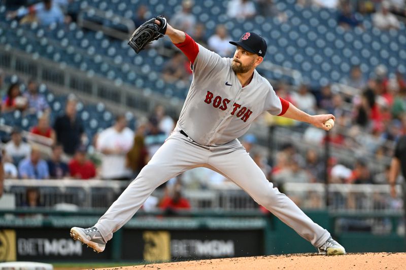 Aug 16, 2023; Washington, District of Columbia, USA; Boston Red Sox starting pitcher James Paxton (65) throws to the Washington Nationals during the first inning at Nationals Park. Mandatory Credit: Brad Mills-USA TODAY Sports