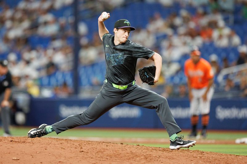 Jun 8, 2024; St. Petersburg, Florida, USA;  Tampa Bay Rays pitcher Kevin Kelly (49) throws a pitch against the Baltimore Orioles in the ninth inning at Tropicana Field. Mandatory Credit: Nathan Ray Seebeck-USA TODAY Sports